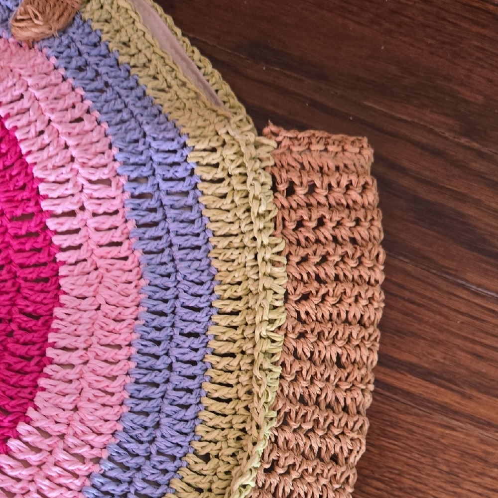 INC Round Crochet Multi-Color Straw Tote Bag - Pink/Yellow/Blue - Picture 3 of 8